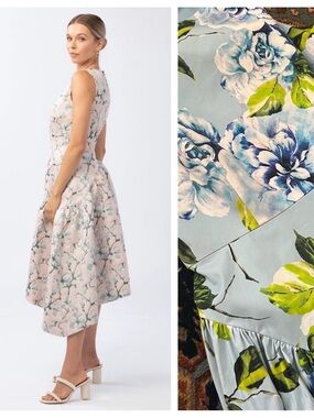 Abbey Glass cotton fitted asymmetrical blue floral dress cocktail S